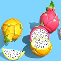 Yellow and Pink Dragon Fruit Whole and Sliced with Black Seeds on Blue Background