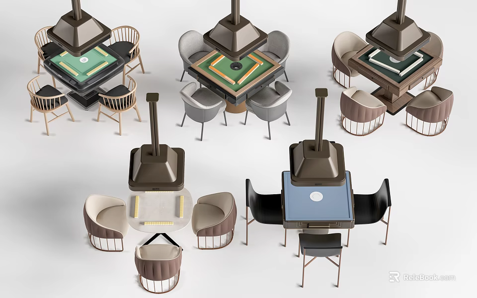 Modern Entertainment Table With Lamp Above Various Tabletops And Surrounding Chairs 3d model 