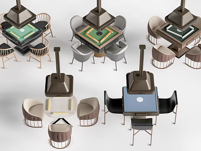 Modern Entertainment Table With Lamp Above Various Tabletops And Surrounding Chairs 3d model