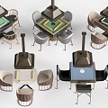 Modern Entertainment Table With Lamp Above Various Tabletops And Surrounding Chairs
