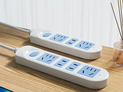 Two White Switch Panels With Blue Outlets Switch Buttons And Aromatherapy On Wooden Desk 3d model