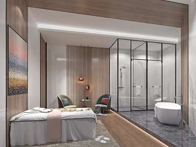 SPA Sauna Modern Interior With Massage Bed Armchairs Glass Shower And Bathtub 3d model