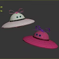 Two UFO Shaped Objects With Pink Purple Bow Ties Black Dots Eyes Suspending Black Background