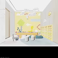 Colorful Kids Activity Room With Yellow Wall Cloud Decorations And Building Block Wall 3d model