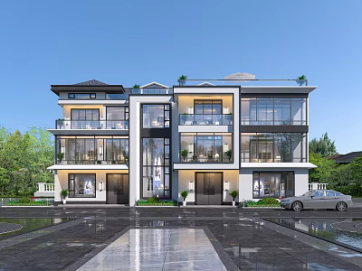 Modern Detached Villa Exterior Design With Large Glass Windows Greenery And Driveway 3d model