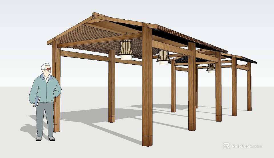Wooden Pergola Structure With Support Columns And Hanging Lanterns In Outdoor Area 3d model 