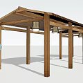 Wooden Pergola Structure With Support Columns And Hanging Lanterns In Outdoor Area