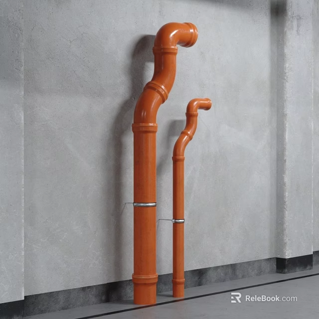 Orange Curved Pipes as Building Components with Distinct Shapes Against the Wall 3d model 