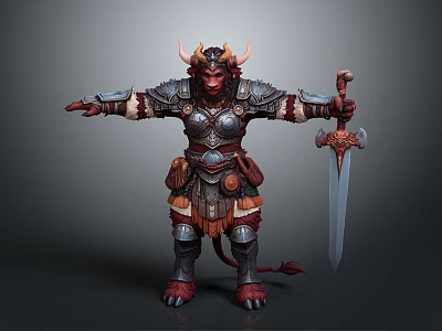 Fantasy Horned Demon Warrior In Battle Armor Holding Sword With Tail Standing Pose 3d model