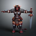 Fantasy Horned Demon Warrior In Battle Armor Holding Sword With Tail Standing Pose