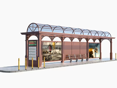 Modern Bus Stop With Glass Roof Brown Structure Benches And Information Board 3d model