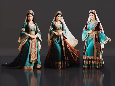 Three Women Wearing Traditional Ethnic Costumes With Teal Brown Embroidery Belts And Headscarves 3d model