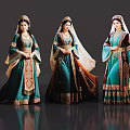 Three Women Wearing Traditional Ethnic Costumes With Teal Brown Embroidery Belts And Headscarves