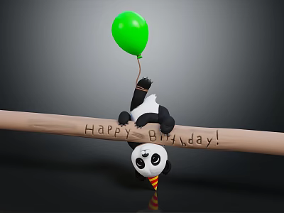 Animated Game Character Panda Hanging Upside Down With Green Balloon Birthday Hat Happy Birthday Text 3d model