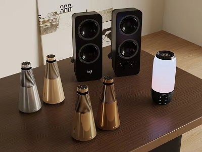 Modern Audio Speakers With Various Designs Gold Silver Black And LED Light On Wooden Desk 3d model