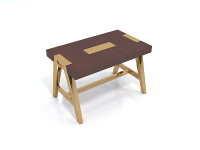 Brown Coffee Table With Light Wood Inlays And Golden Tapered Legs 3d model