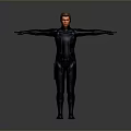 Male in Futuristic Black Bodysuit With Blue Glowing Lines Arms Outstretched Against Grey Gradient Background