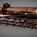 Industrial Railway Tank Car with Rusty Green Brown Exterior on Railroad Track and Ladder