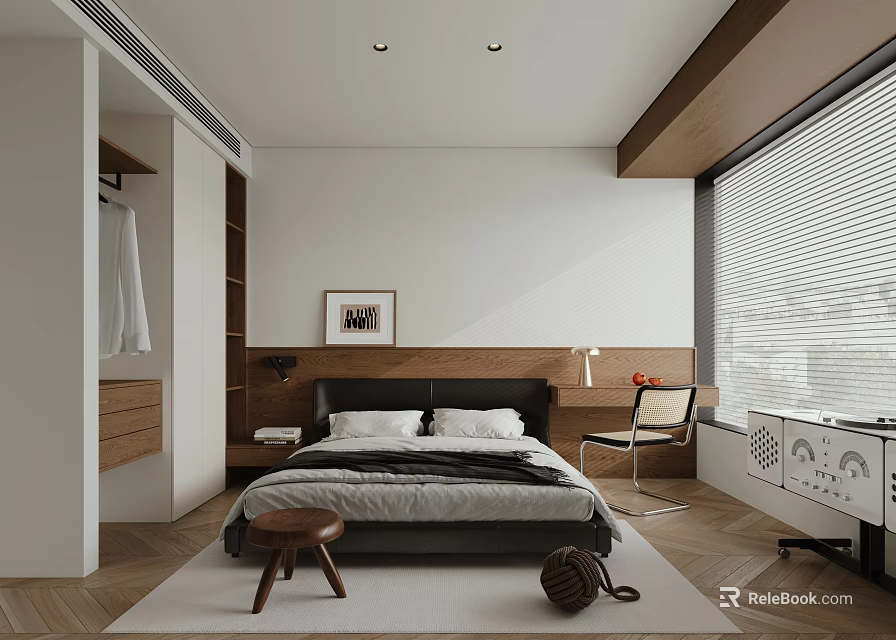 Modern Bedroom Interior Design With Bed Wooden Floor Blinds Chair And Framed Art 3d model 