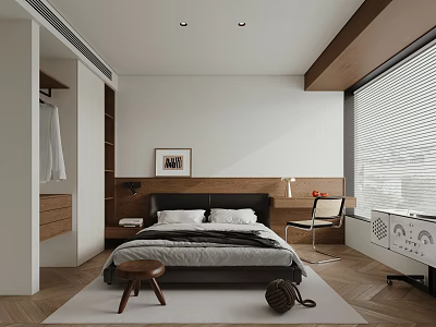 Modern Bedroom Interior Design With Bed Wooden Floor Blinds Chair And Framed Art 3d model