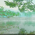 Willow Trees By Calm Water Surface With Misty Distant Mountains And Reflections 3d model