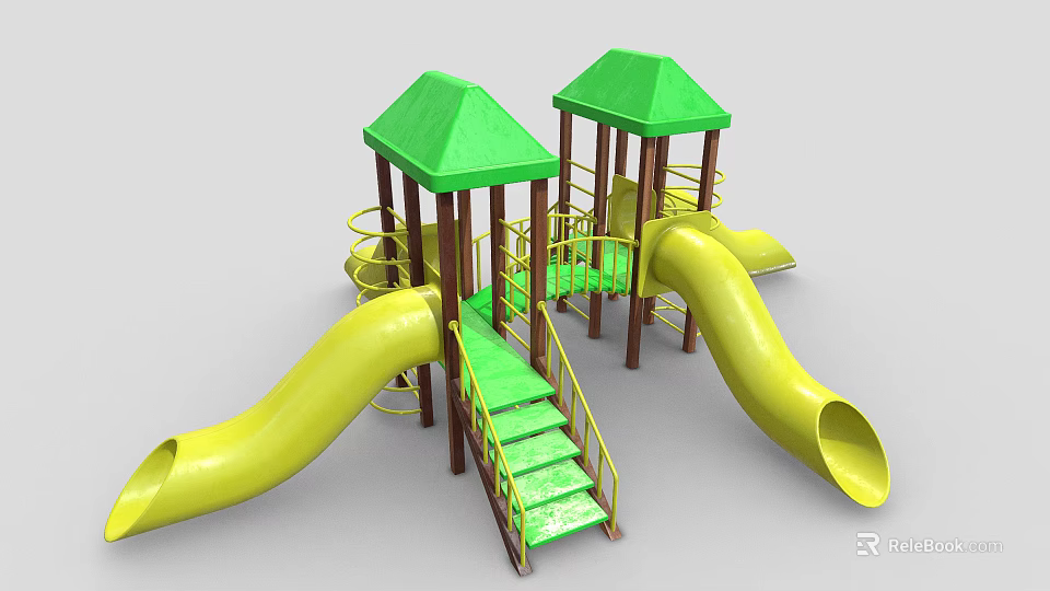 Outdoor Children Playground Equipment With Green Canopies Yellow Slides And Stairs 3d model 