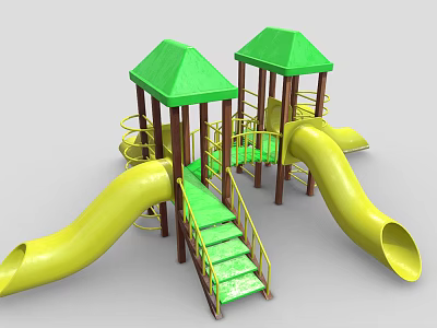 Outdoor Children Playground Equipment With Green Canopies Yellow Slides And Stairs 3d model