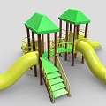 Outdoor Children Playground Equipment With Green Canopies Yellow Slides And Stairs