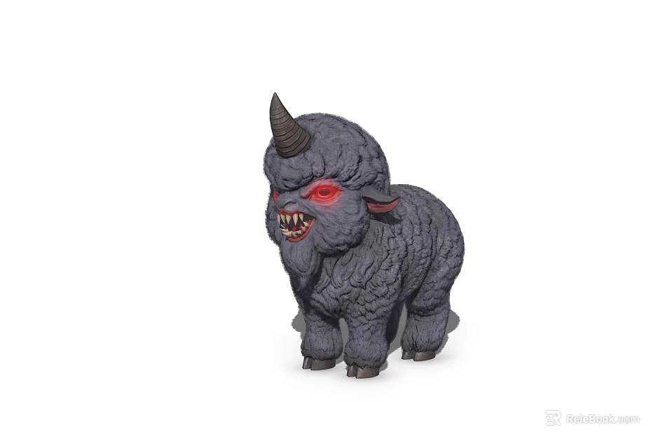 Gray Furry Mythical Creature With Single Horn Red Eyes And Sharp Fangs 3d model 