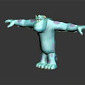 Blue Furry Monster Sulley Character 3D Model Standing With Arms Outstretched And Purple Spots