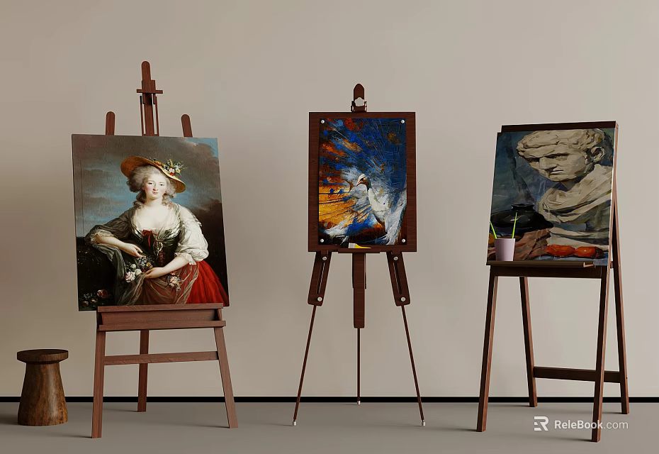 Three Wooden Easels Displaying Various Artworks Including Portrait Landscape And Sculpture Painting 3d model 
