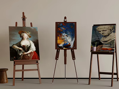 Three Wooden Easels Displaying Various Artworks Including Portrait Landscape And Sculpture Painting 3d model