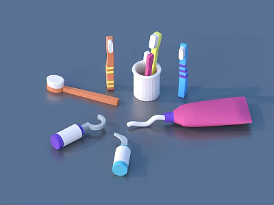 Colorful Oral Care Products On Blue Background With Toothbrushes Toothpaste And Cup 3d model
