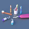 Colorful Oral Care Products On Blue Background With Toothbrushes Toothpaste And Cup