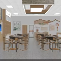 Traditional Cultural Activity Room Interior With Wooden Tables Bookshelves And Digital Screen