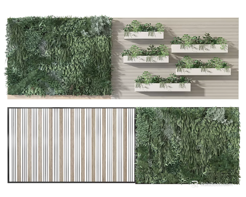 Living Green Wall with Layered White Shelves and Plants on Striped Background 3d model 
