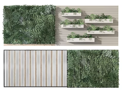 Living Green Wall with Layered White Shelves and Plants on Striped Background 3d model