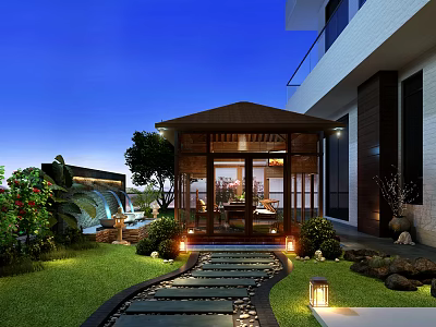 Tranquil Garden With Wooden Pavilion Stone Path Lawn Fountain And Night Lights Near Modern Villa 3d model