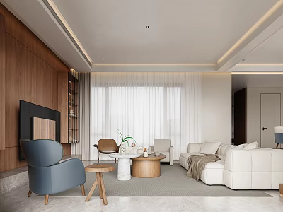 Modern Living and Dining Room Interior With Wooden Walls White Sofa Blue Armchair and Fireplace 3d model