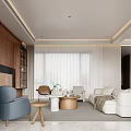 Modern Living and Dining Room Interior With Wooden Walls White Sofa Blue Armchair and Fireplace