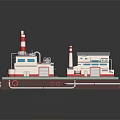 Industrial Factory Building Complex With Red White Chimneys And Pipes