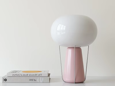 Modern White Spherical Table Lamp With Pink Base Metal Stand And Books On Light Background 3d model