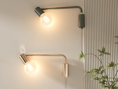 Modern Black and Gold Wall Lamps with Exposed Bulbs Curved Arms Near Green Plant 3d model