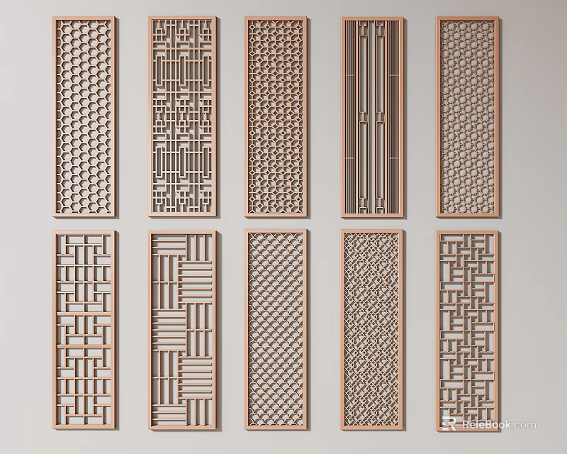 Decorative Wooden Rectangular Partition With Various Intricate Carved Lattice Patterns 3d model