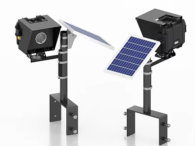 Black Industrial Equipment with Solar Panels and Camera Lens Mounted on Metal Stands 3d model