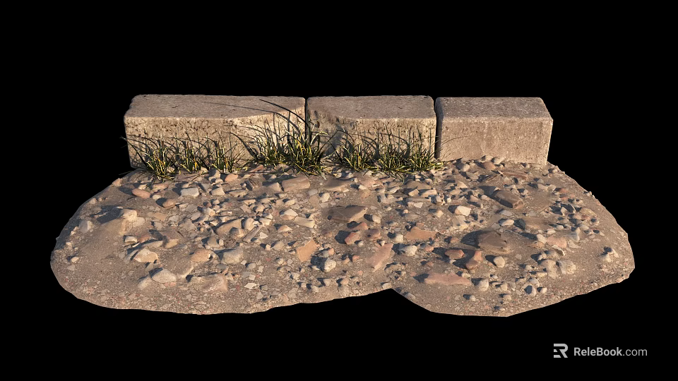 Natural Stone and Wood Landscape with Stacked Blocks Gravel and Grass Clumps 3d model 