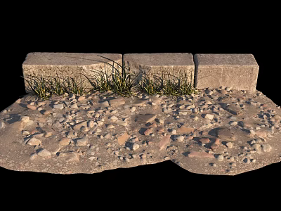 Natural Stone and Wood Landscape with Stacked Blocks Gravel and Grass Clumps 3d model