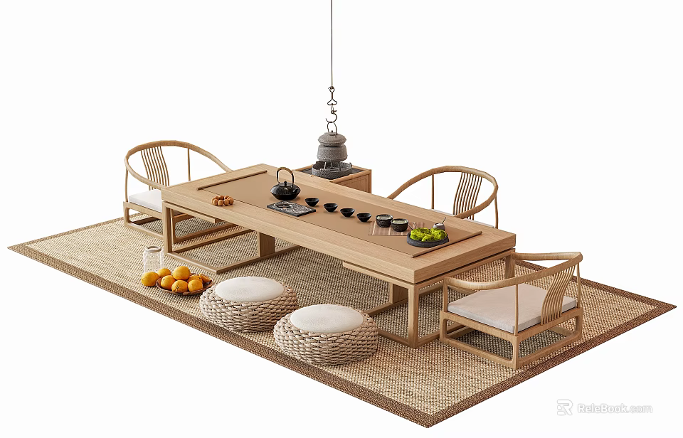 Minimalist Wooden Tea Table and Rattan Chairs with Floor Cushions and Tea Set 3d model 