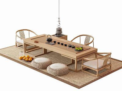Minimalist Wooden Tea Table and Rattan Chairs with Floor Cushions and Tea Set 3d model