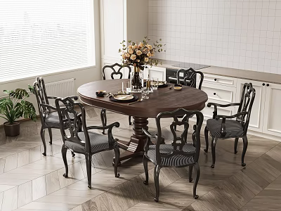 Round Wooden Dining Table Set With Six Gray Upholstered Chairs And Flower Vase 3d model